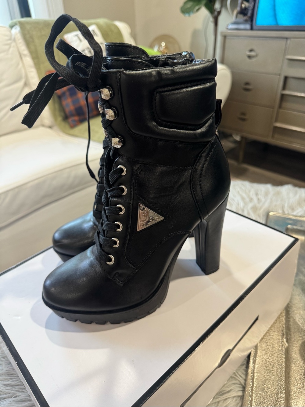 Guess Black Leather Lace-Up High Heel Combat Boots